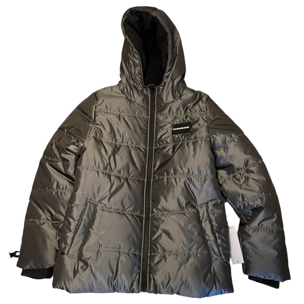 Calvin Klein Jeans Dark Gray Metallic Quilted Hooded Puffer Jacket 10/12 Medium